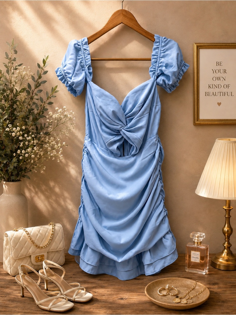 Powder Blue Ruched Mini Dress